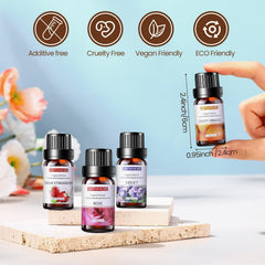 Assorted essential oils in 10ml bottles including lemon, lavender, peppermint