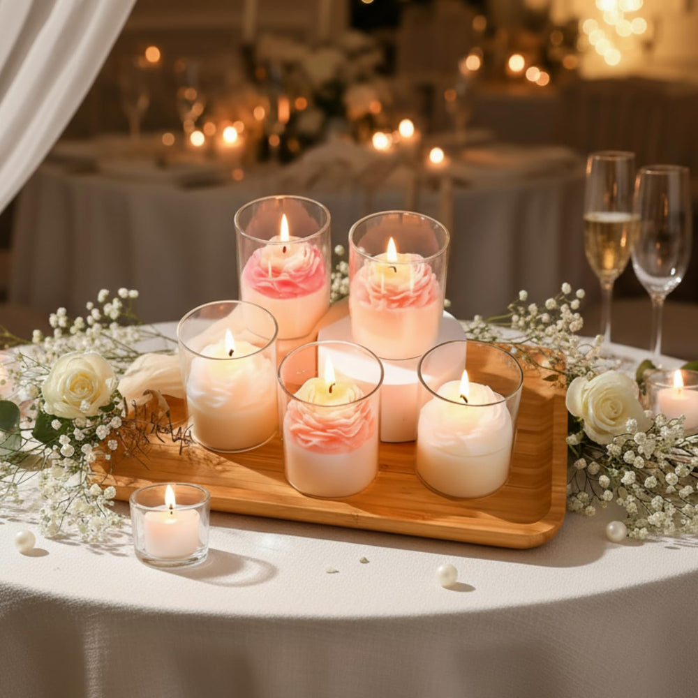 Nuanchu flower candle in glass jar offers reusable decorative container.