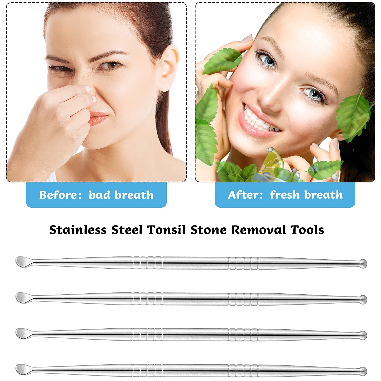 Stainless steel tonsil stone remover tools laid out