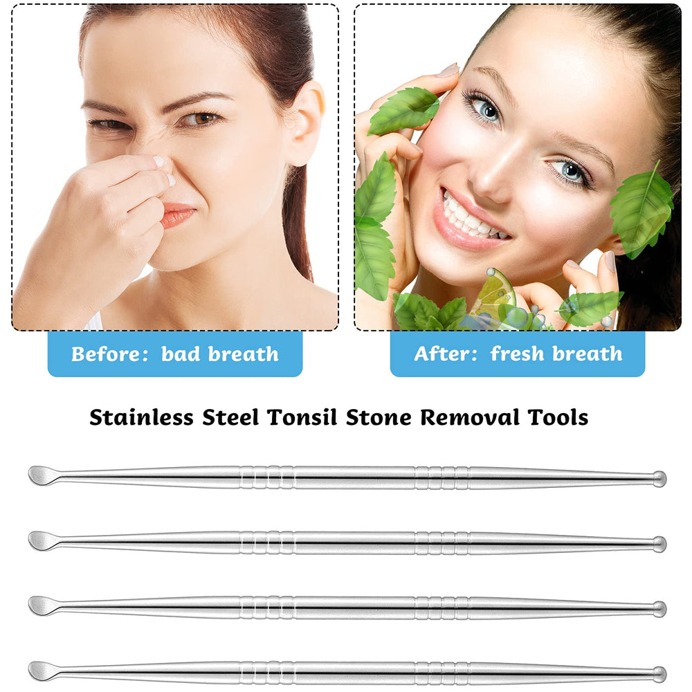 Stainless steel tonsil stone remover tools laid out