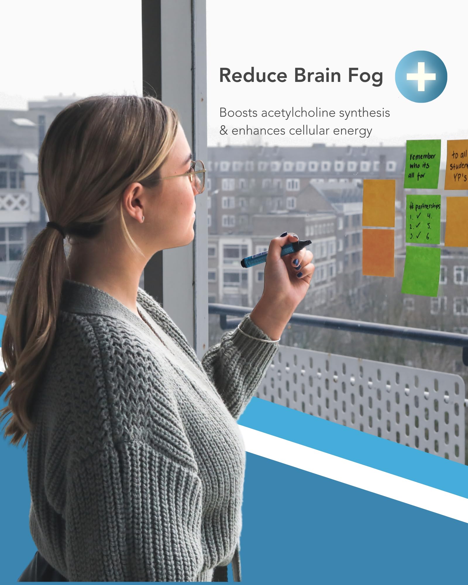 Capsules and a brain illustration representing focus and energy