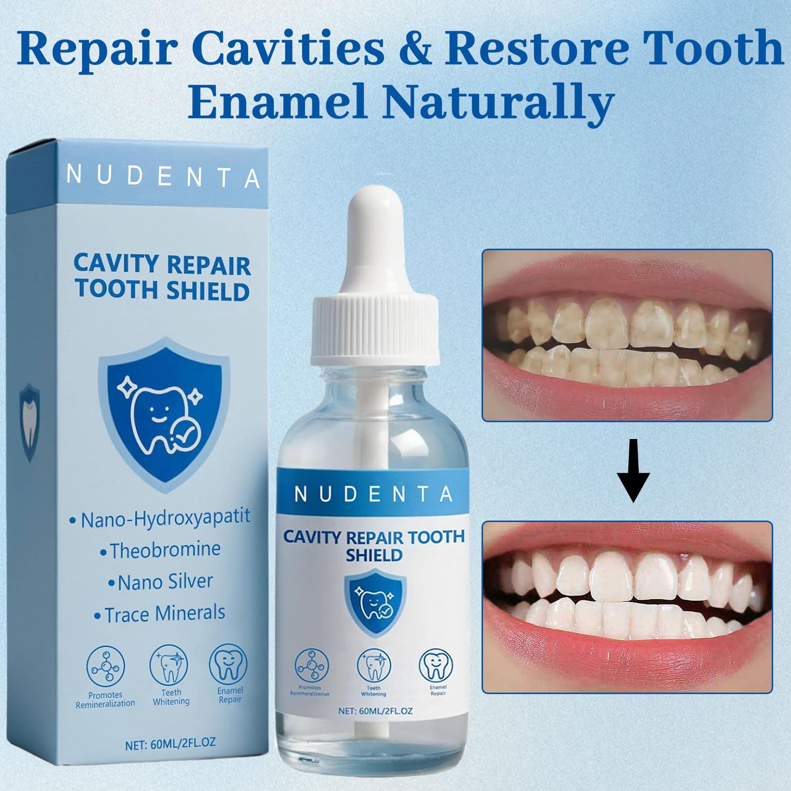 Label on bottle featuring Cavity Repair and Enamel Strengthening