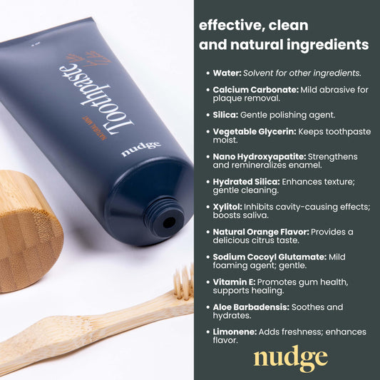 Nudge Orange Toothpaste box packaging with Remin+