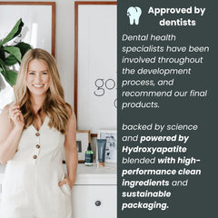 Product label showing fluoride-free and SLS-free statements