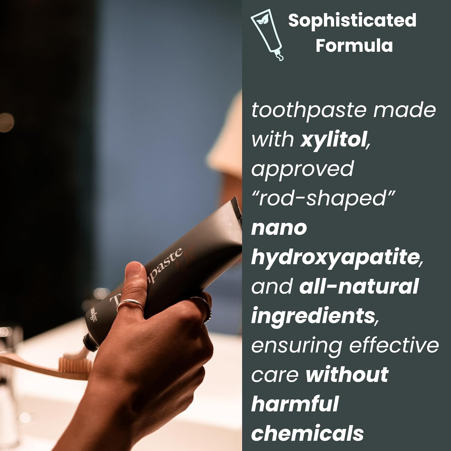 Product label highlighting fluoride-free and SLS-free