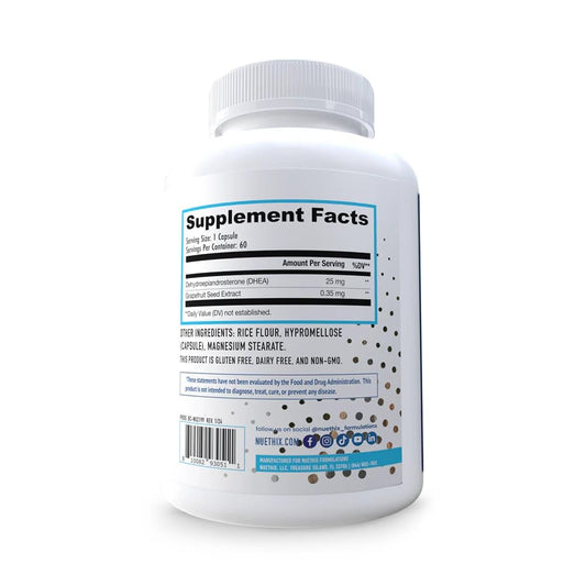 Close-up of DHEA 25mg capsules