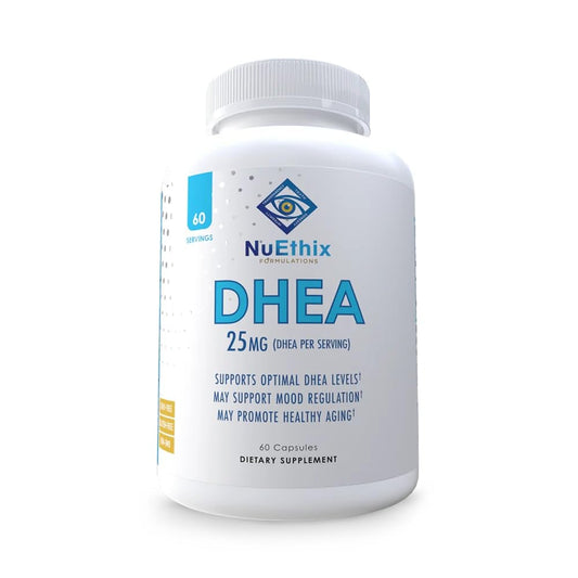 NuEthix DHEA 25mg supplement bottle for women and men
