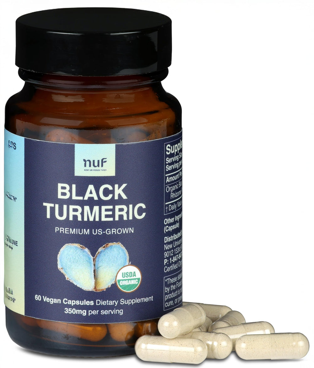 NUF Organic Black Turmeric 350mg capsules bottle – US grown