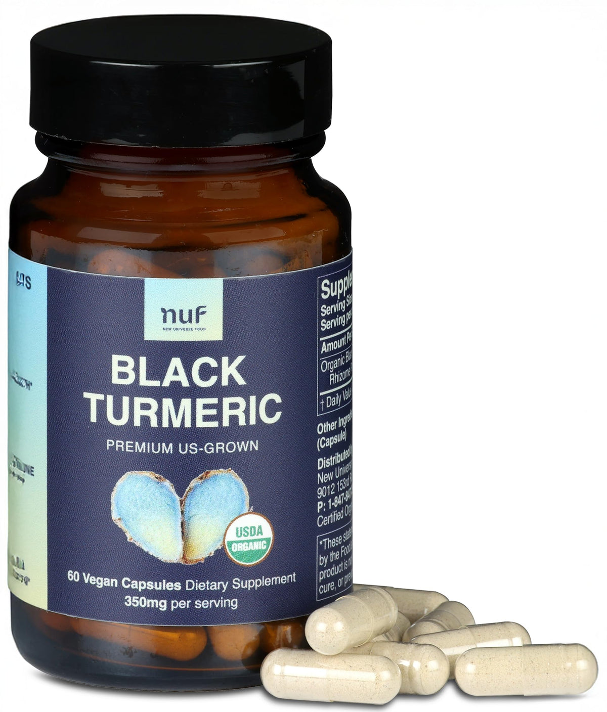 NUF Organic Black Turmeric 350mg capsules bottle – US grown