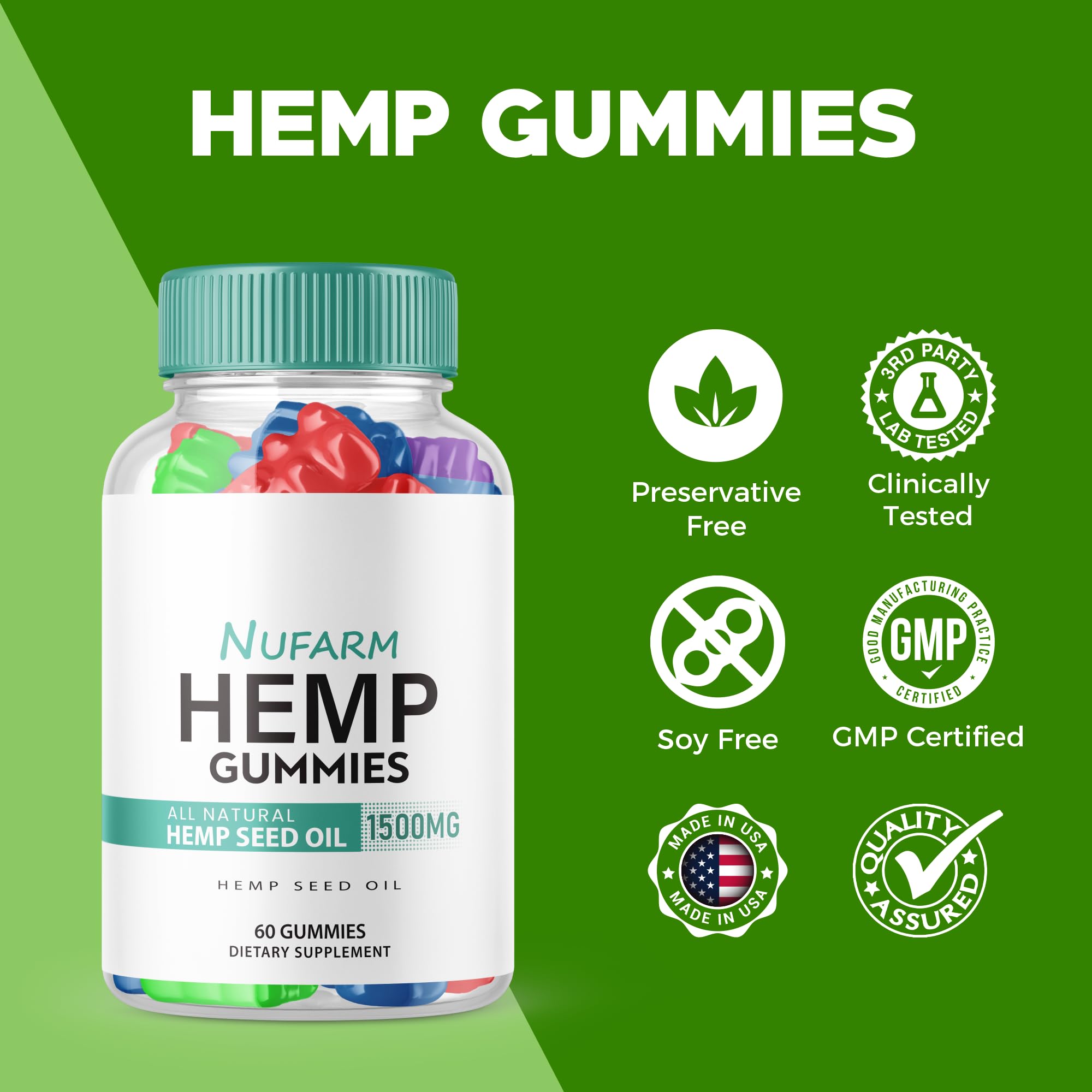 Nufarm Hemp Gummies bottle and label showing 1500mg per bottle