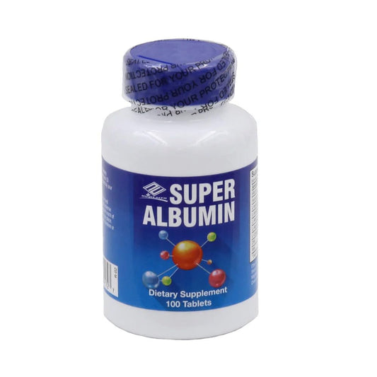 NuHealth Super Albumin bottle label with 100 tablets
