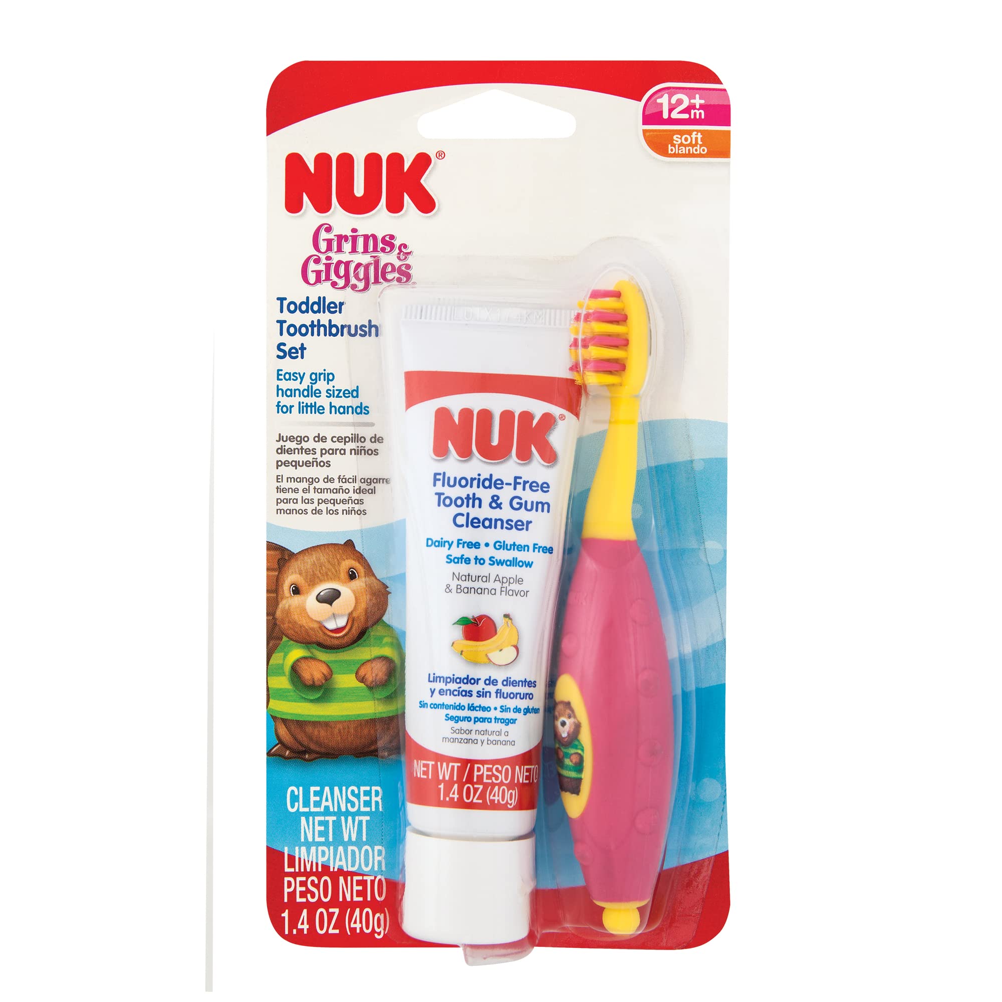 Happy toddler with cleanser and toothbrush