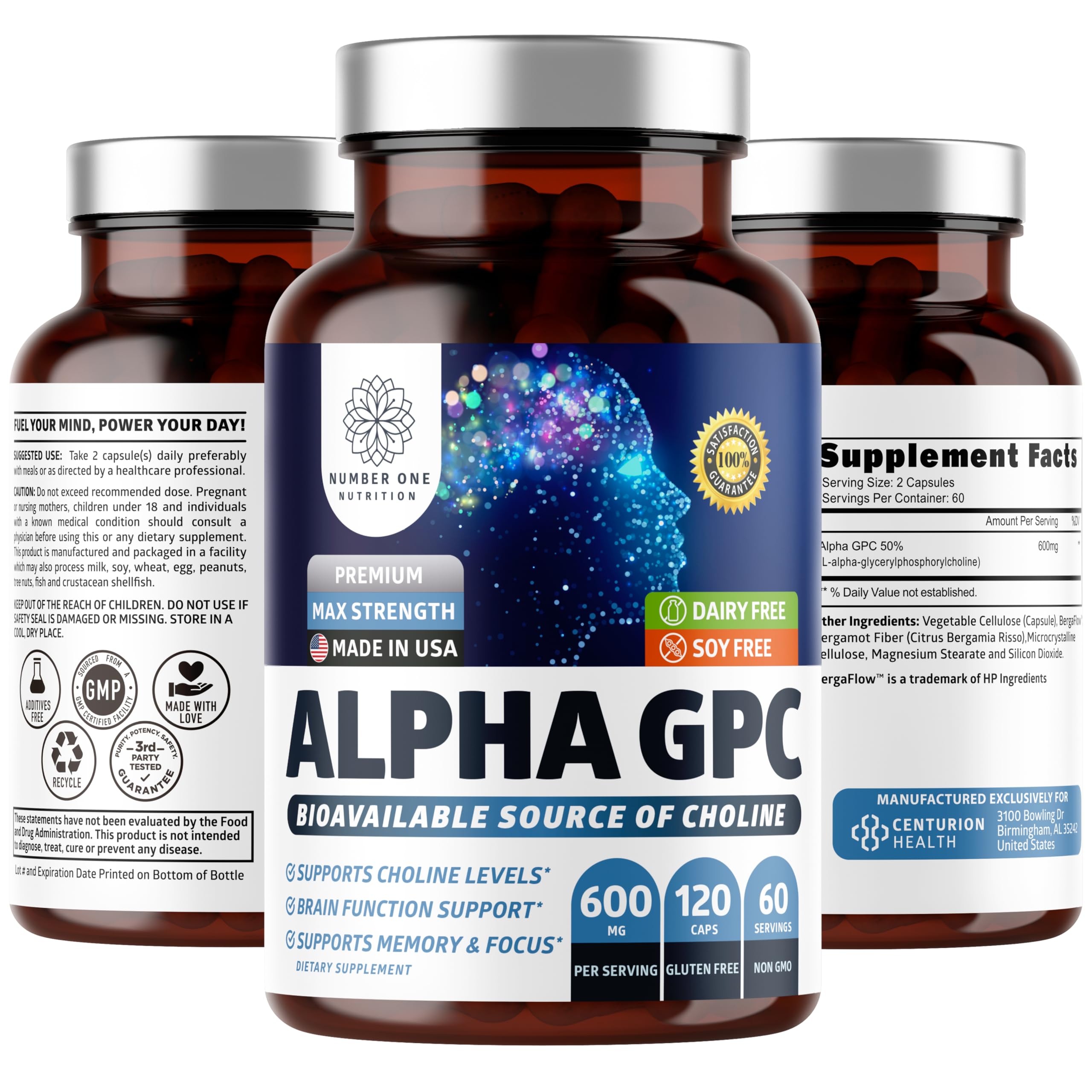 Number One Nutrition Alpha GPC Choline Capsules bottle on white background