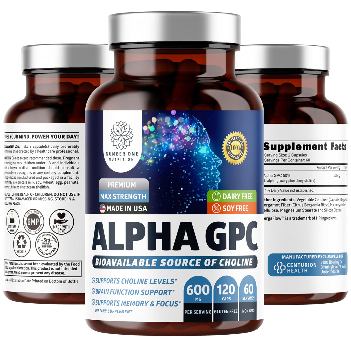 Number One Nutrition Alpha GPC Choline Capsules bottle on white background