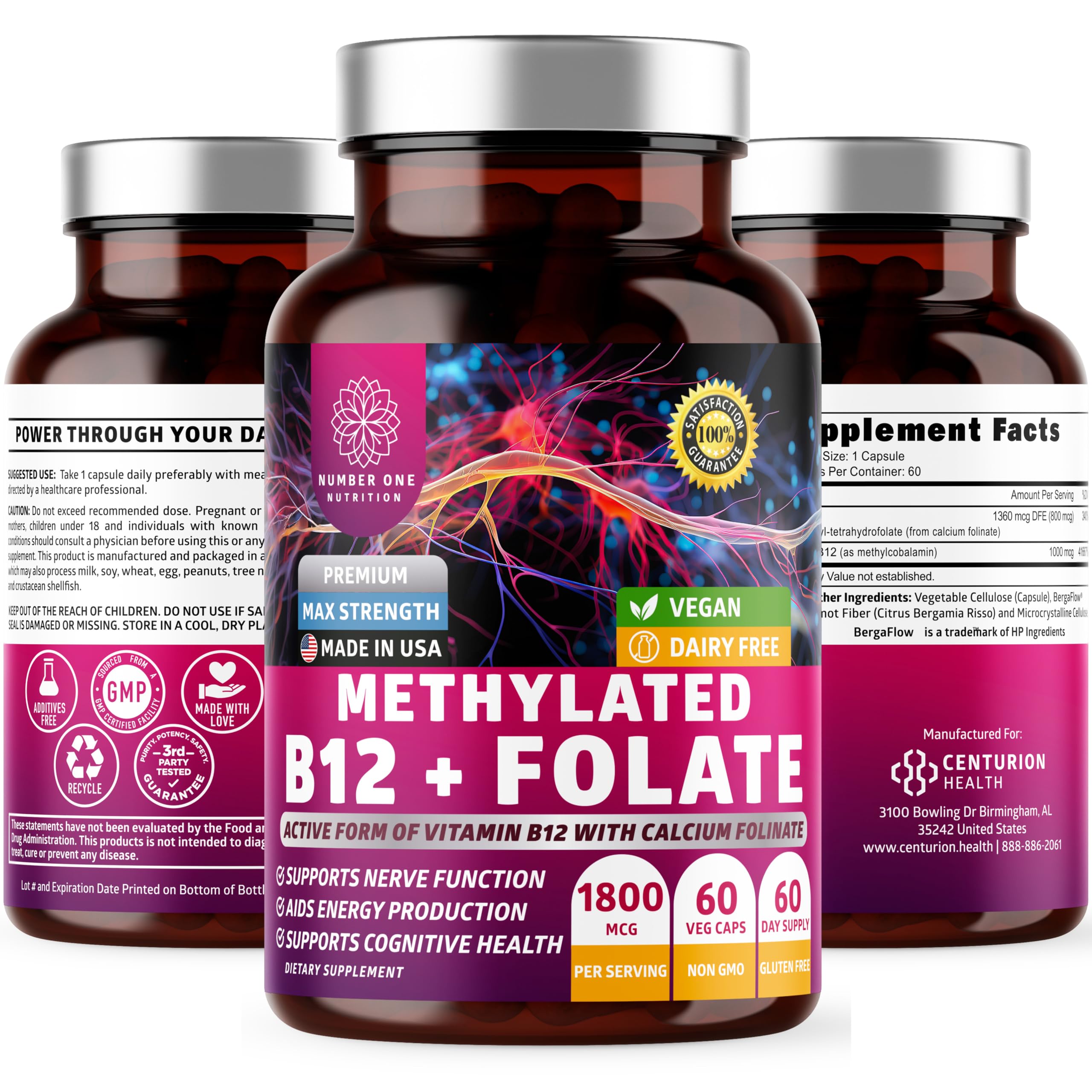 Front view of Number One Nutrition premium methylated B12 + folate bottle with 60 vegan capsules