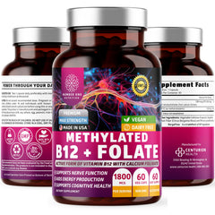 Front view of Number One Nutrition premium methylated B12 + folate bottle with 60 vegan capsules