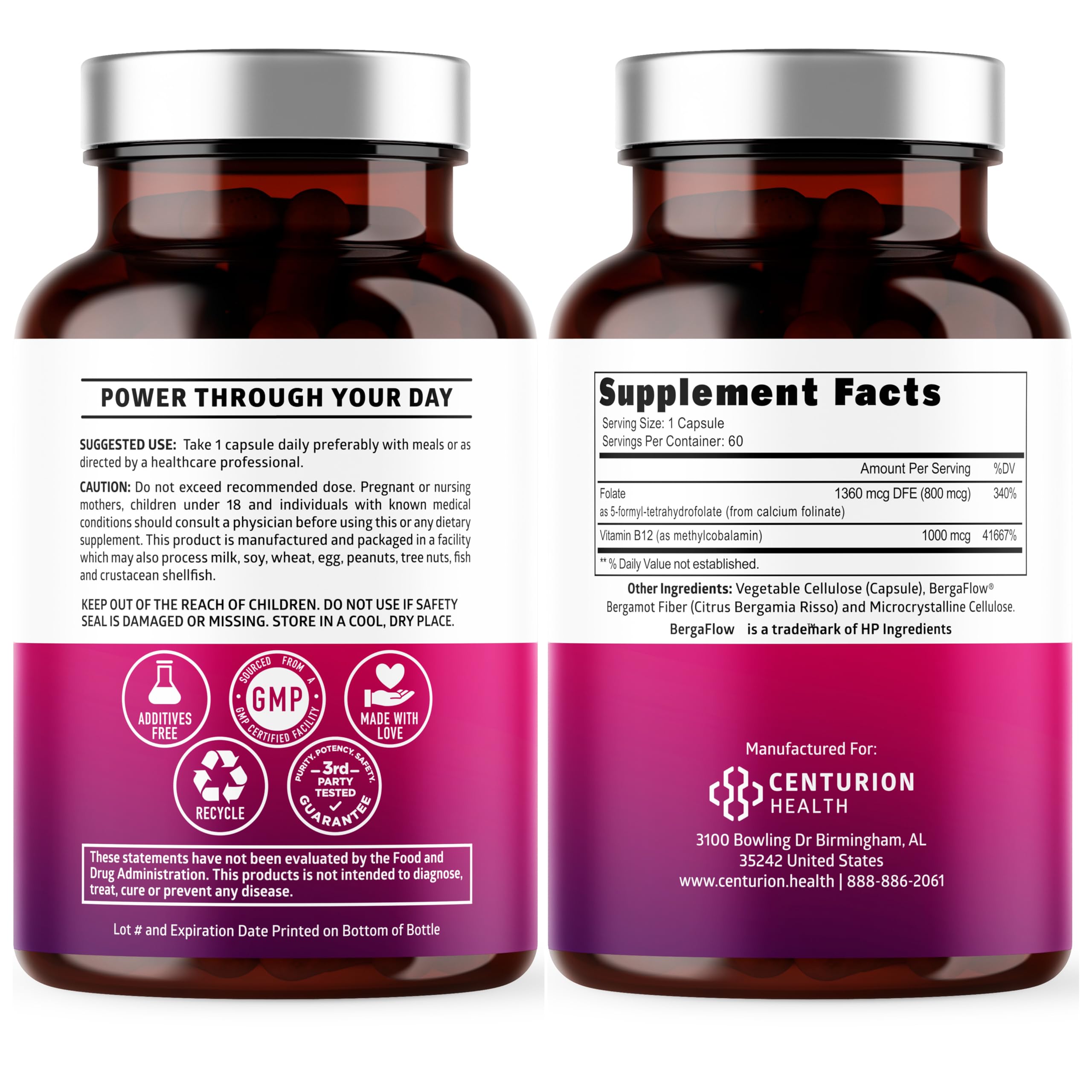 Close-up of methylated B12 and folate ingredients in the supplement
