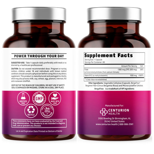Close-up of methylated B12 and folate ingredients in the supplement