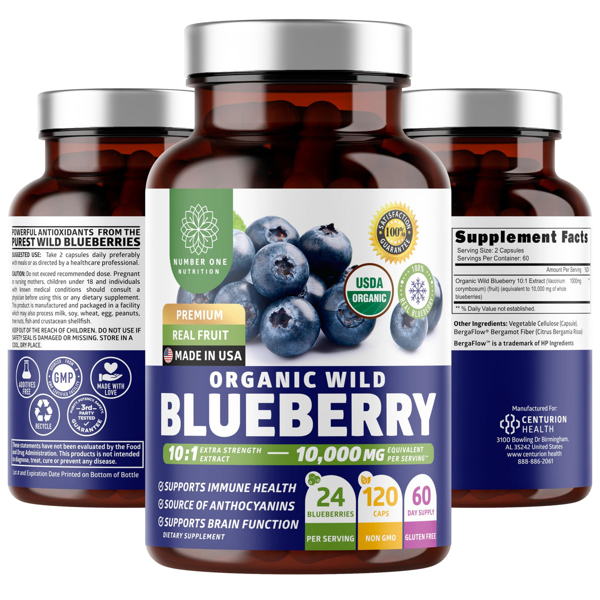 Front view of Number One Nutrition USDA Organic Wild Blueberry Extract bottle