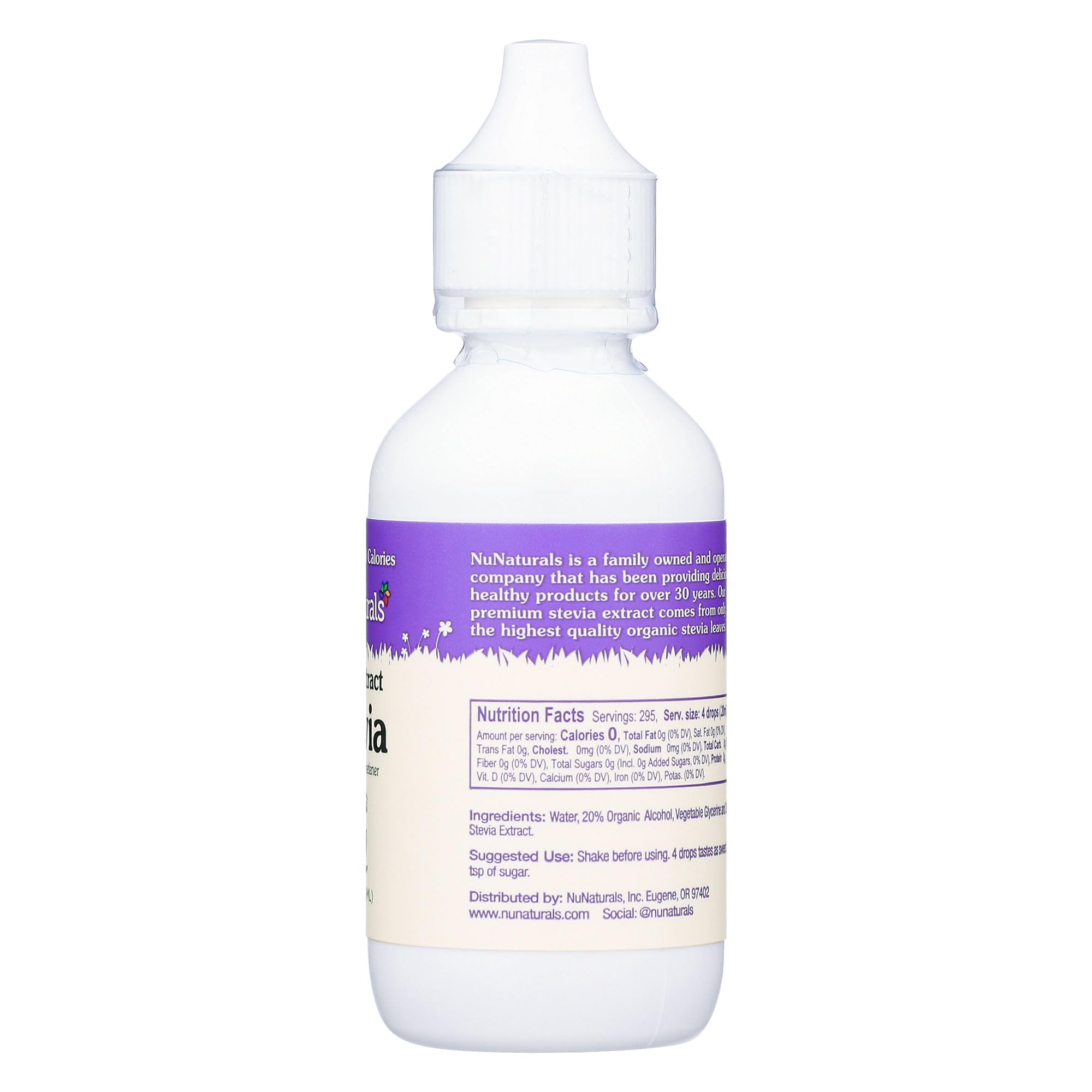 NuStevia clear extract bottle showing 4-drop serving