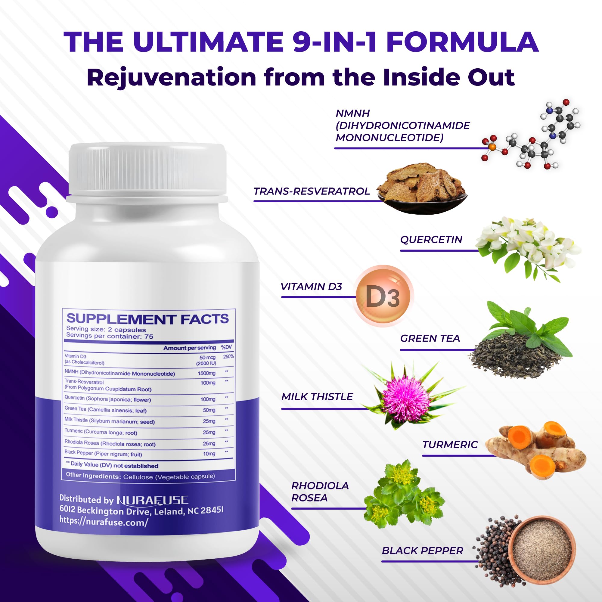 Graphic illustrating the 9-in-1 NMNH formula ingredients