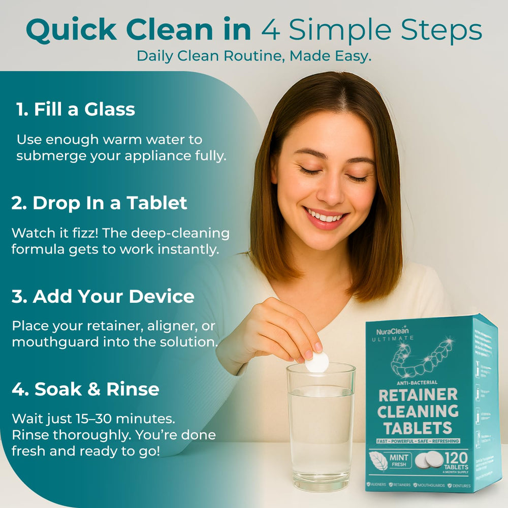 Close-up of NuraClean Ultimate packaging and tablets