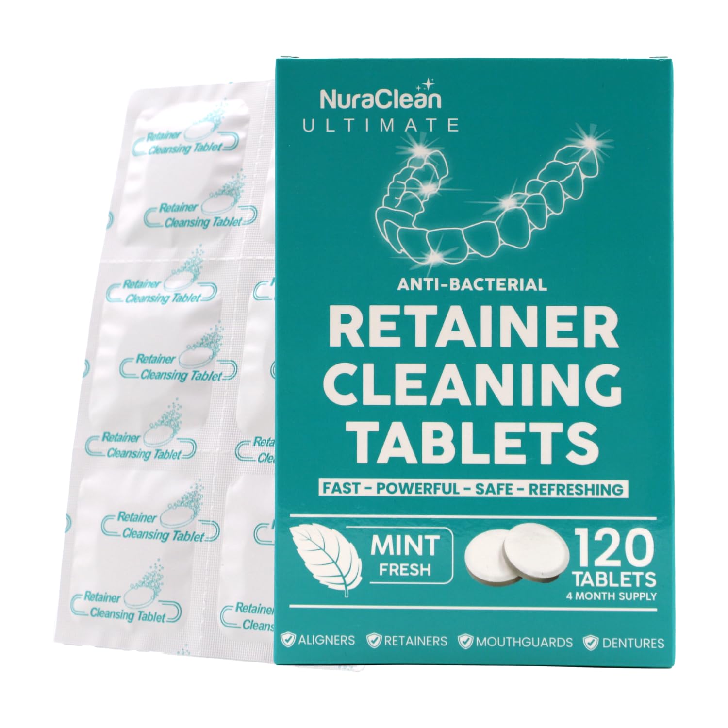 NuraClean Ultimate 120-count retainer cleaner packaging