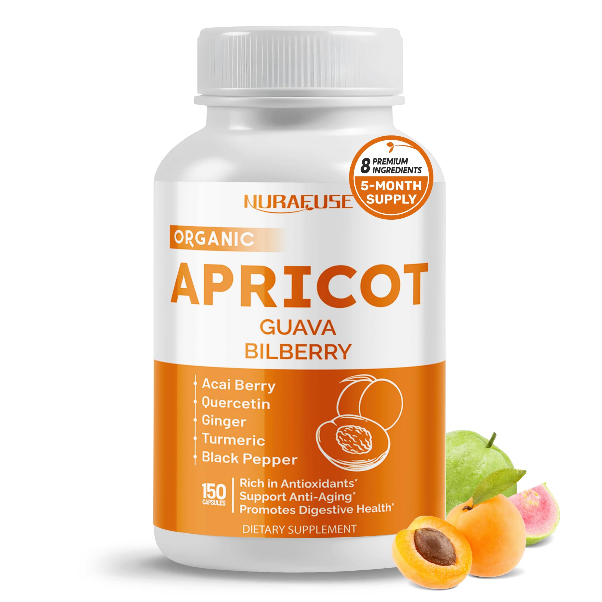 NURAFUSE bottle label highlighting Apricot, Amla, Bilberry and the 8-in-1 plant-based blend