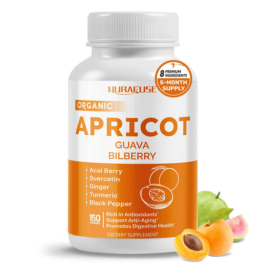 NURAFUSE bottle label highlighting Apricot, Amla, Bilberry and the 8-in-1 plant-based blend