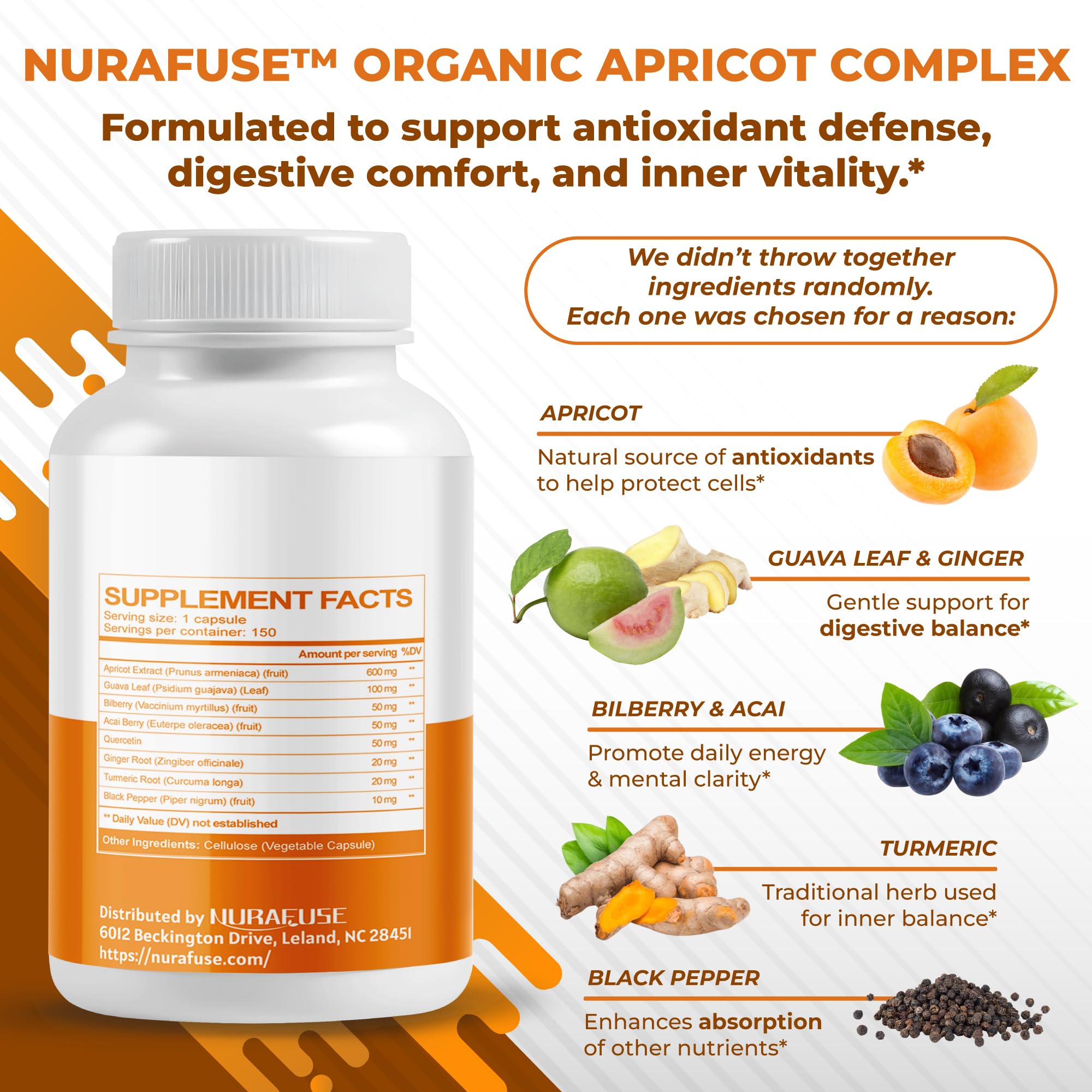 NURAFUSE bottle with 150 capsules and visible herbal ingredients