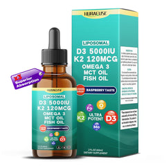NURAFUSE Liposomal D3-K2-Omega Drops raspberry bottle 2 oz (60 ml) on white background