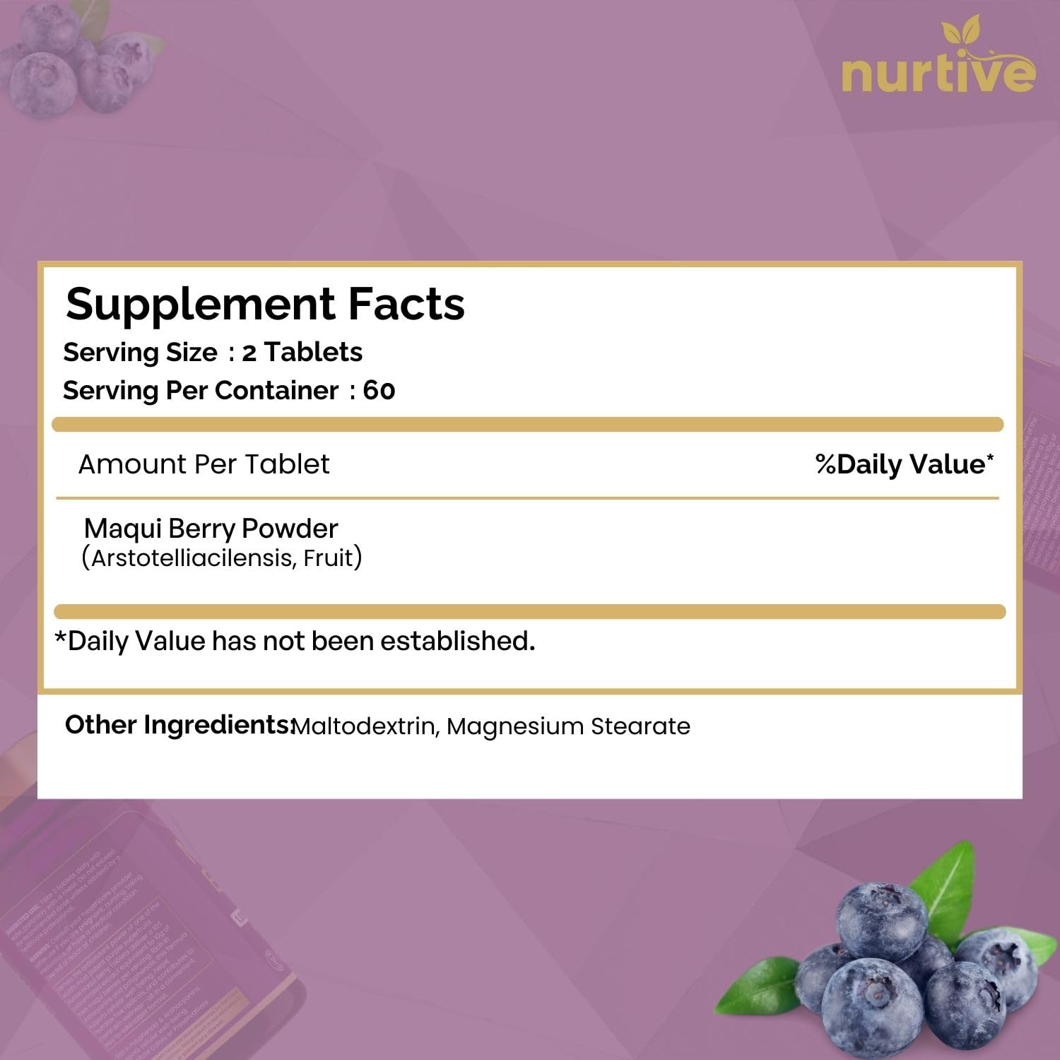 Close-up of a Maqui Berry tablet illustrating 1000 mg serving