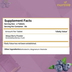 Close-up of a Maqui Berry tablet illustrating 1000 mg serving