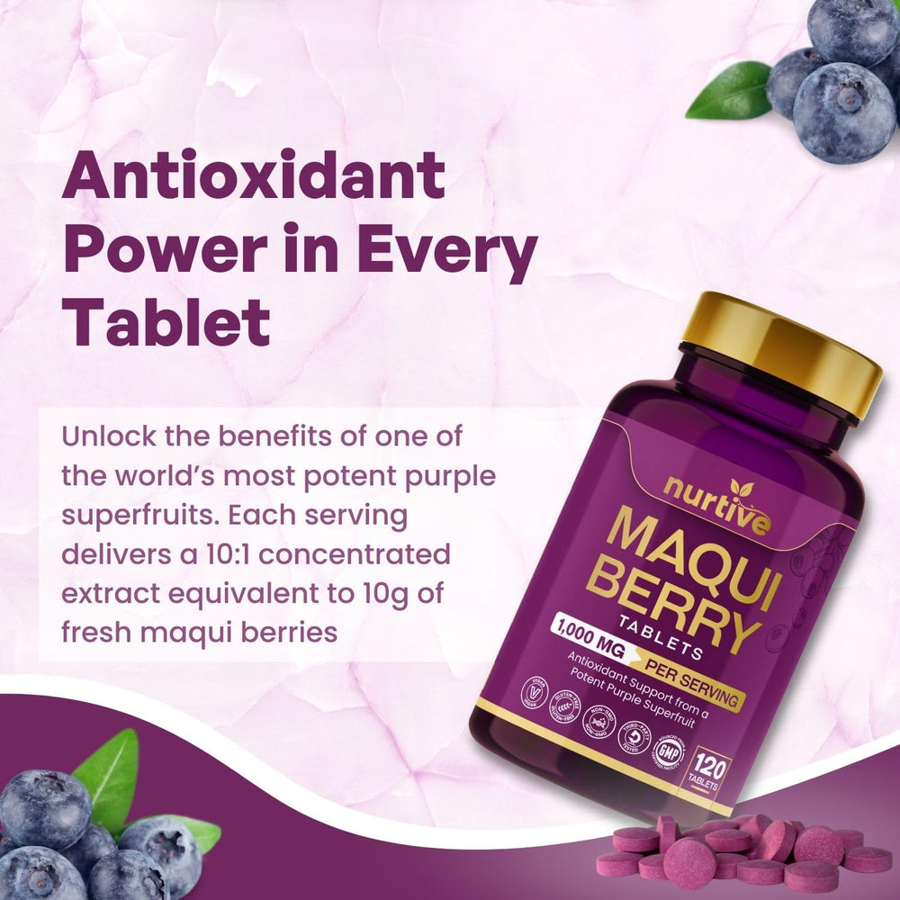 Product lineup with Maqui Berry Tablets bottle and packaging