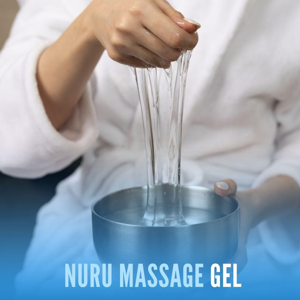 Nuru gel bottle resting on a clean spa surface