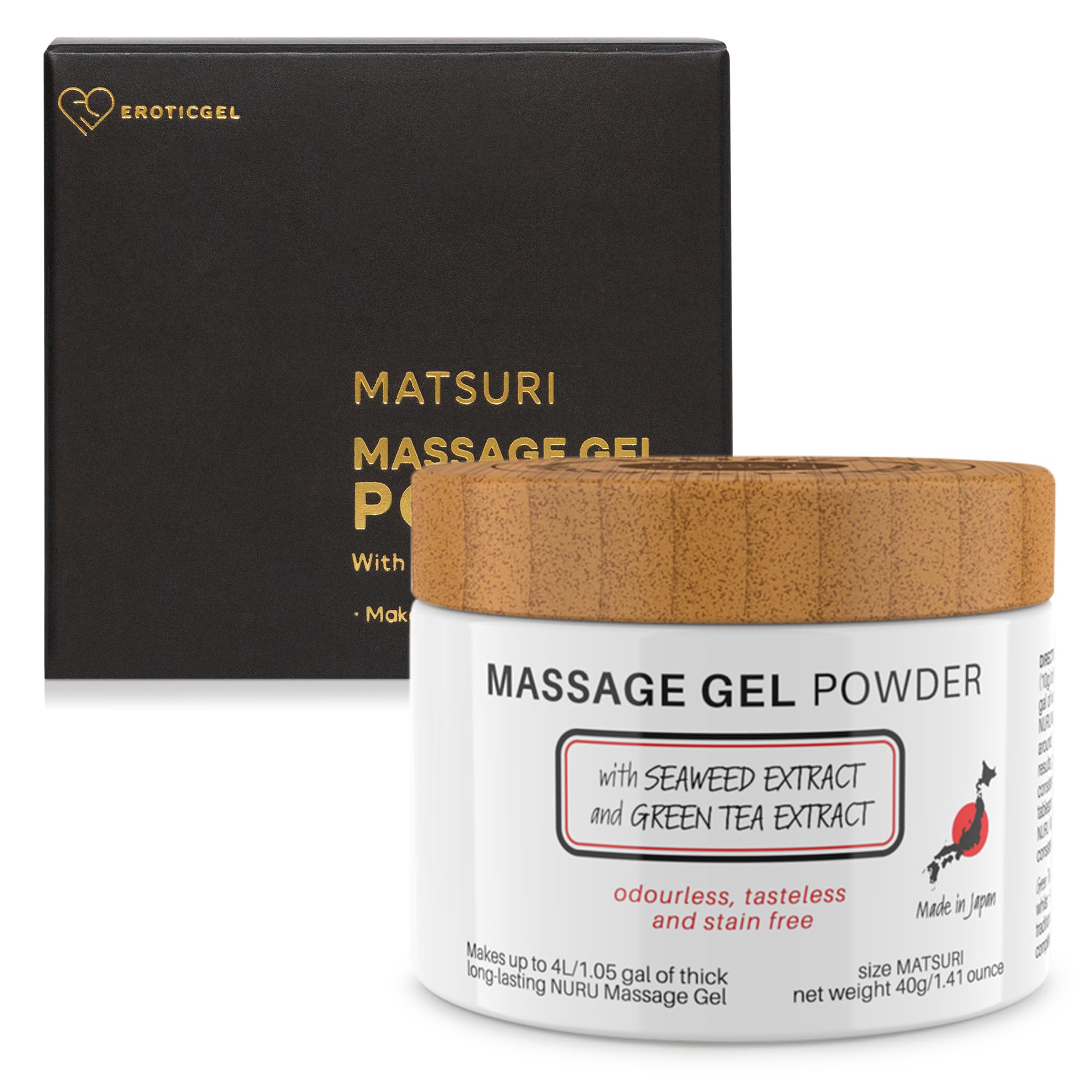 Front view of Nuru Massage Gel Powder 40g packaging with seaweed and green tea imagery