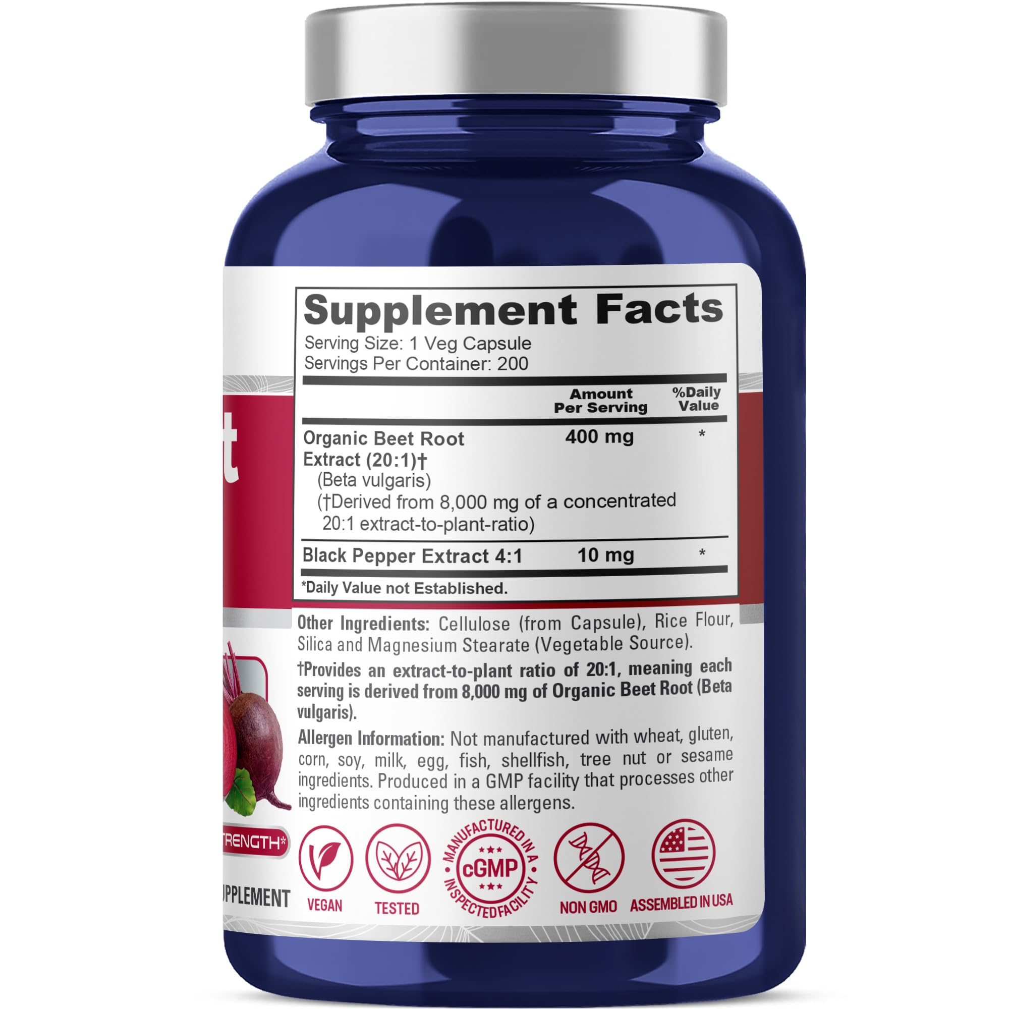 Beet root 20:1 extract with 8000 mg equivalent per capsule