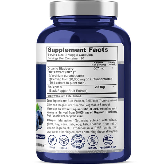 Front view of NusaPure Blueberry Concentrate bottle showing 180 vegetarian capsules