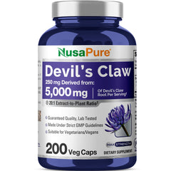 NusaPure Devil's Claw 20:1 Extract bottle with 200 veggie capsules