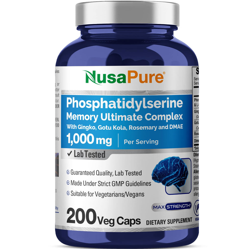 Bottle of NusaPure Phosphatidylserine Memory Ultimate Complex 1000mg 200 vegan capsules