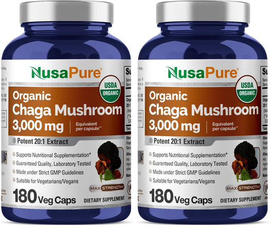 NusaPure Chaga 20:1 extract bottle with 180 capsules pack of 2
