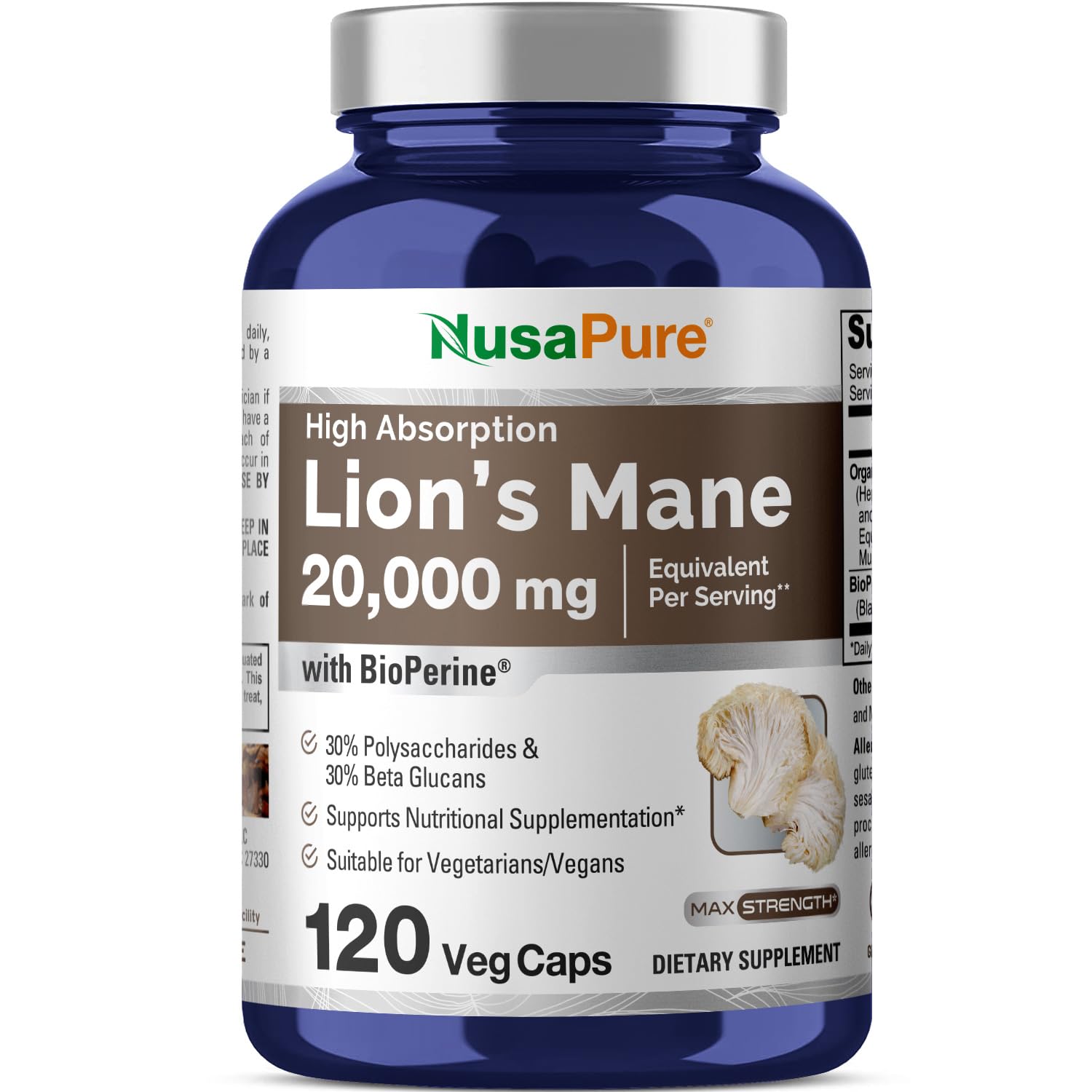 NusaPure Lion's Mane 20:1 Extract bottle with 120 veggie capsules (hero image)