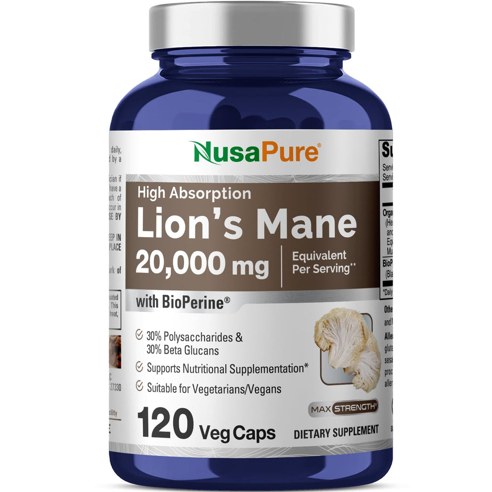 NusaPure Lion's Mane 20:1 Extract bottle with 120 veggie capsules (hero image)