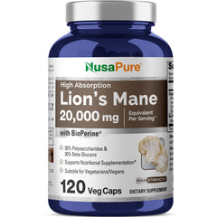 NusaPure Lion's Mane 20:1 Extract bottle with 120 veggie capsules (hero image)