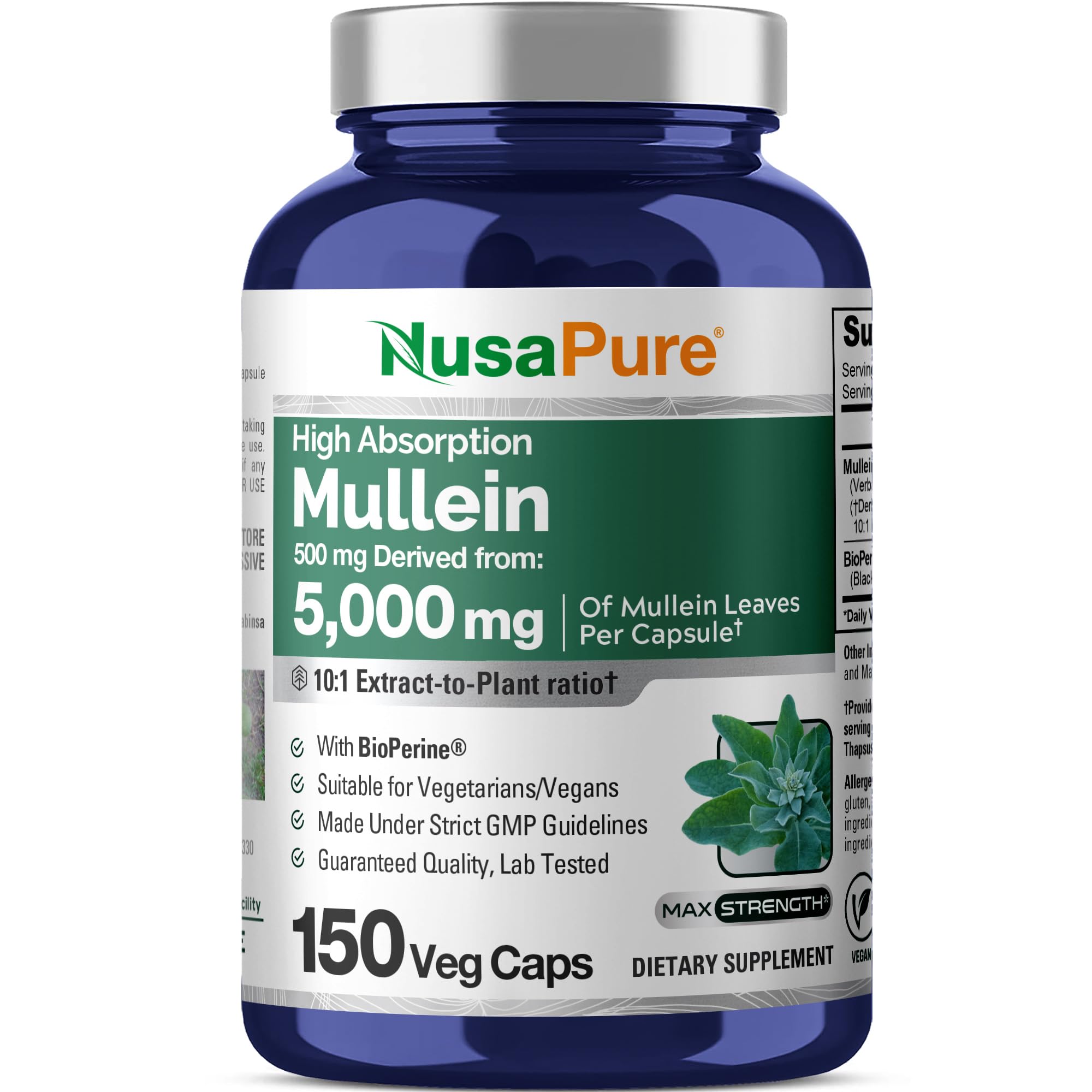 NusaPure Mullein Leaf Capsules 10:1 Extract - 500 mg per capsule, 150-count