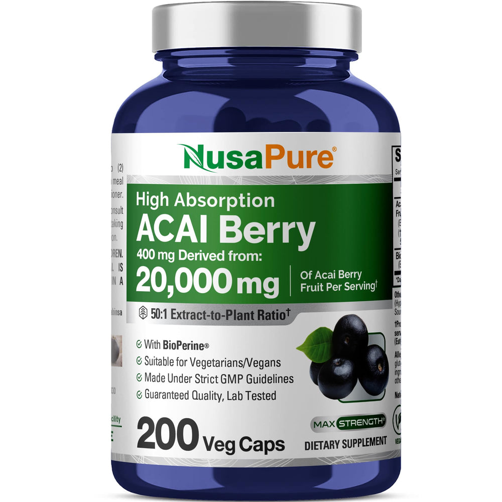 Bottle of NusaPure Acai Berry 50:1 Extract capsules on white background