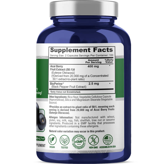 Close-up of NusaPure Acai Berry 50:1 Extract capsules