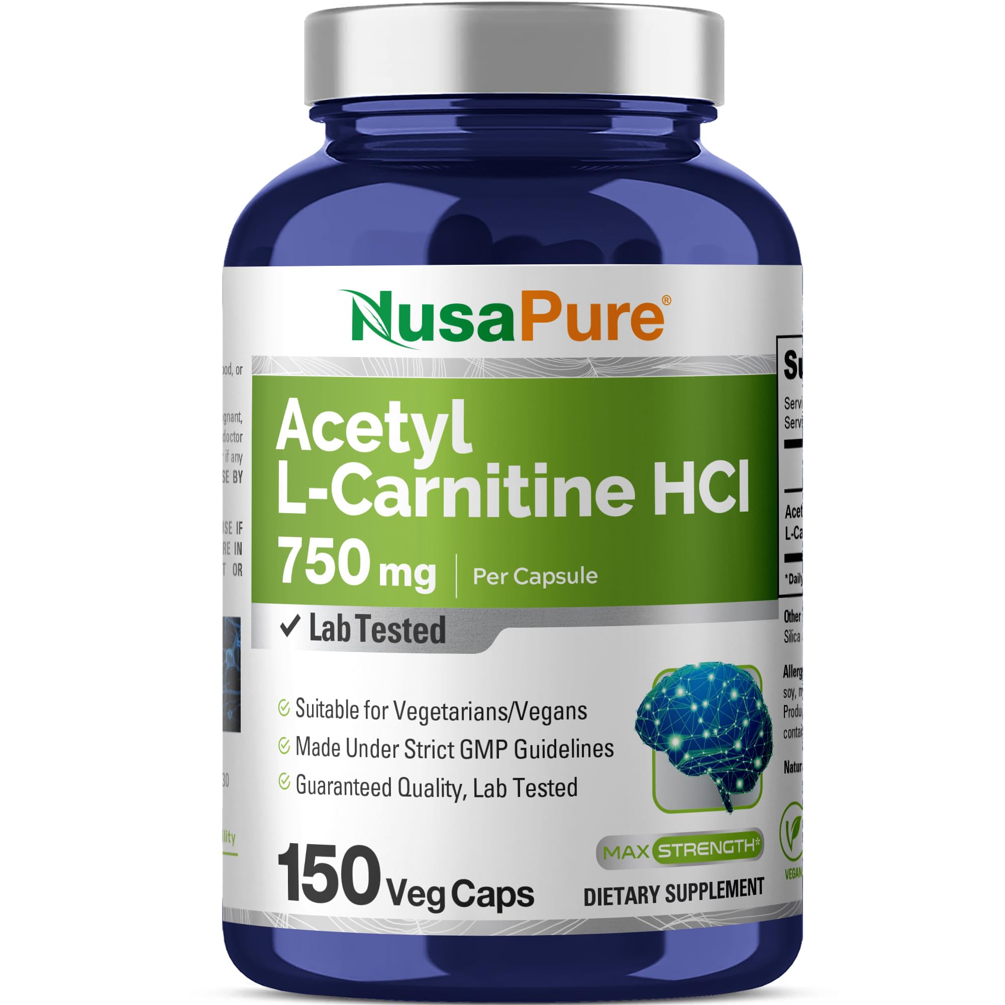 Bottle front of NusaPure Acetyl L-Carnitine 750mg Veggie Caps 150 count