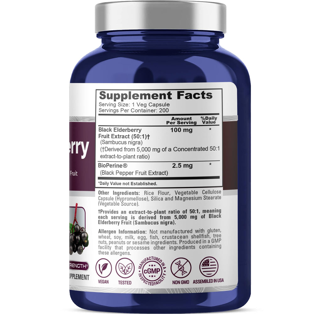Capsules showing 100 mg elderberry extract per capsule with Bioperine