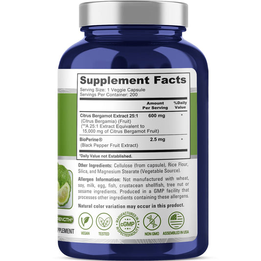 NusaPure Citrus Bergamot Capsules bottle back with nutrition facts